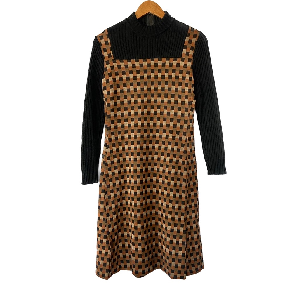 Vintage 70s Jay Kobrin Brown & Black Checkered Mock Neck Long Sleeve Dress 10
